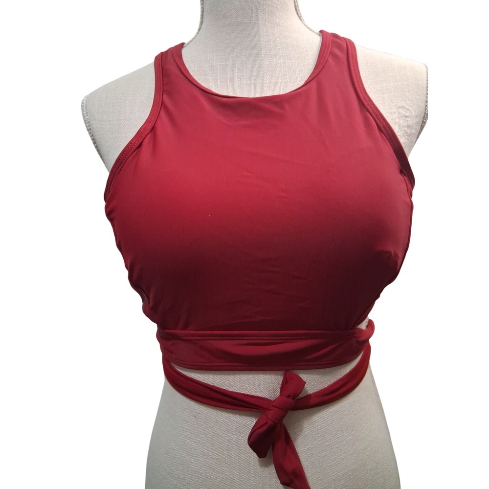 Tempt Me Women's Bikini Top Burgundy Red Wrap Tie Back Zip Swim Size L NEW